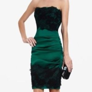 BCBGMaxAzria Green and Black Ruched Strapless Cocktail Dress